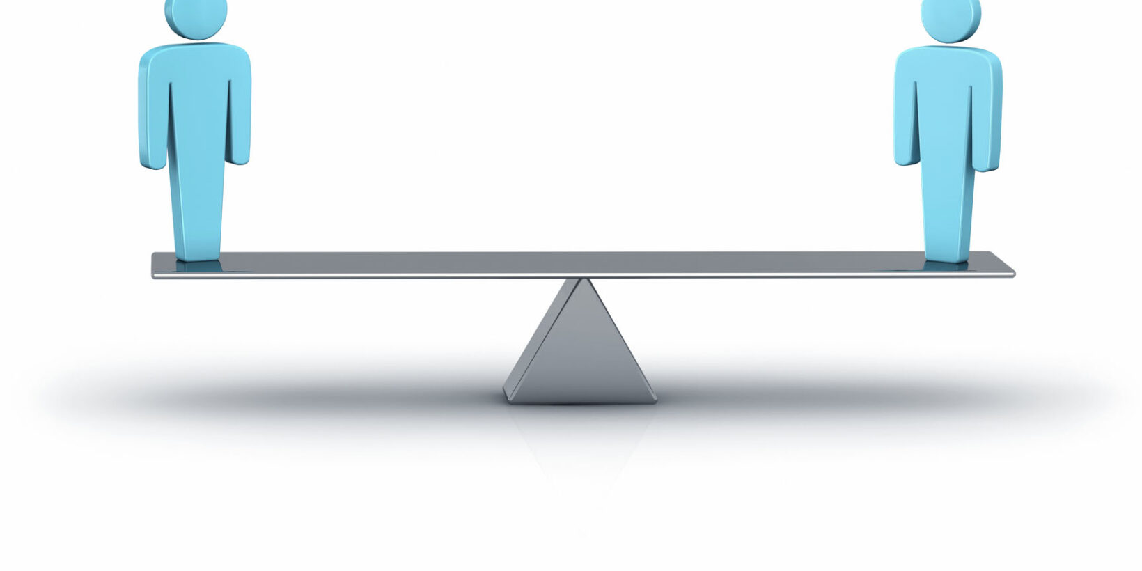 Two figures on a scale in balance, on white